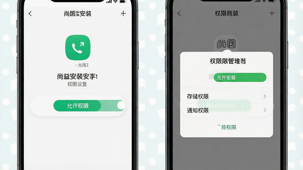 一张尚益商城安装与权限设置示意图,画面中手机屏幕显示应用安装界面和权限管理弹窗,包含“允许安装”“存储权限”“通知权限”等选项,界面风格简洁,背景为浅色,画质清晰干净,无多余元素