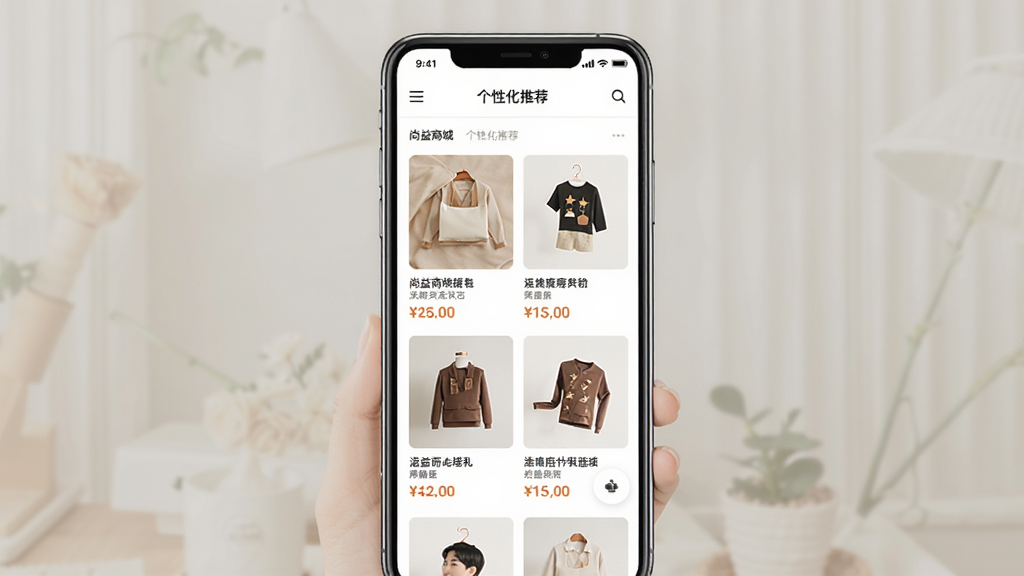 一张尚益商城个性化推荐页面的示意图,画面中手机屏幕展示推荐商品瀑布流,每件商品配有图片、名称和价格,界面风格温馨现代,背景为白色,整体布局疏密有致,画质清晰干净,无多余元素