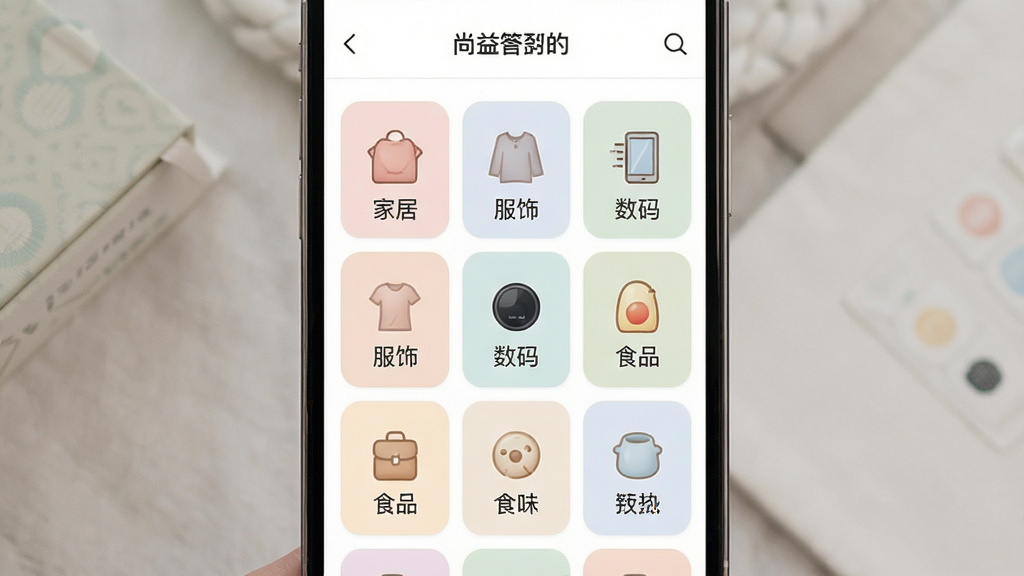 一张尚益商城商品分类页面的展示图,画面中手机屏幕显示清晰的商品分类网格,每个分类配有图标和文字标签,如家居、服饰、数码、食品等,界面色彩柔和,布局整齐,风格清新简洁,画质干净,无多余装饰元素