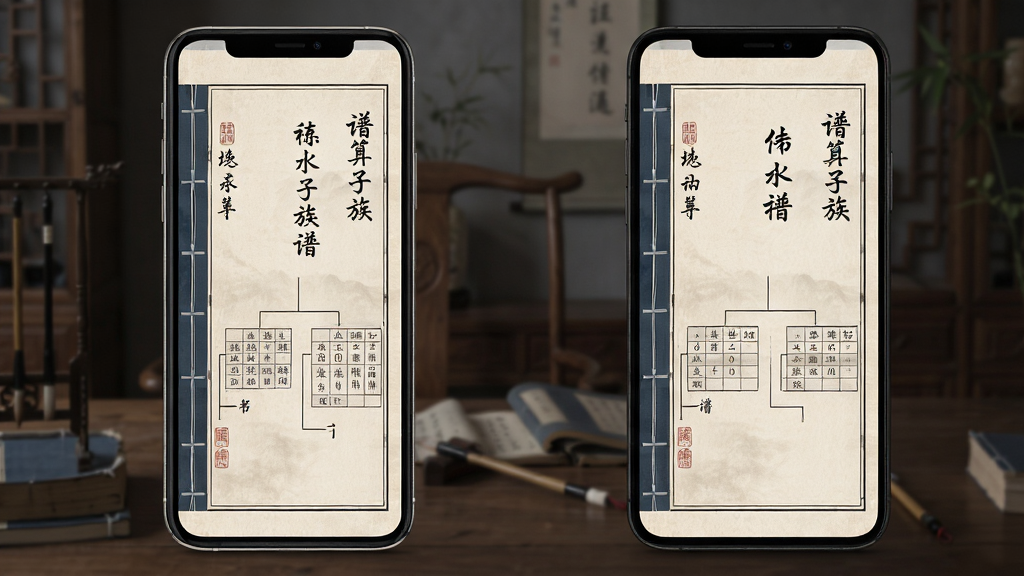一张谱算子族谱谱书排版预览图片,主体为手机屏幕显示竖排谱书页面,布局采用左右分栏,排版工整,风格为古典雅致中式风,细节包括线装书边框、毛笔字体标题、世系表格,画质高清、干净、无多余元素
