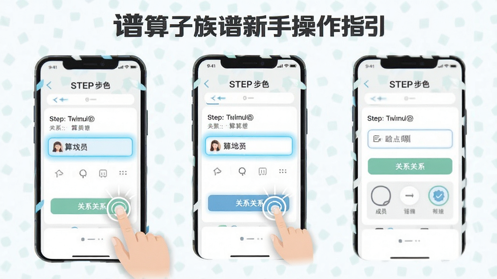 一张谱算子族谱新手操作指引图片,主体为手机屏幕展示添加成员步骤,布局采用分步截图排列,排版简洁,风格为清新扁平化,细节包括手指点击动画、输入框高亮、关系选择按钮,画质高清、干净、无多余元素