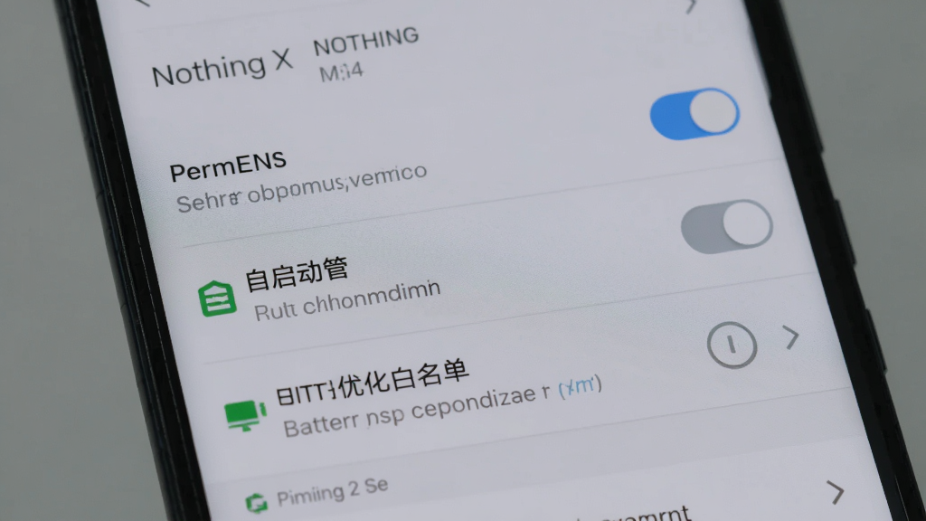 主体是手机屏幕显示 Nothing X 应用设置页面,布局为居中特写,排版采用列表式选项,风格为清爽素雅浅灰质感,细节包含权限开关、自启动管理、电池优化白名单等设置项文字,画质高清、干净、无多余元素