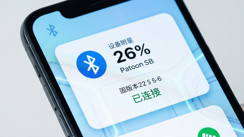 主体是手机屏幕特写,布局为居中展示,排版采用卡片式信息层级,风格为清新浅色科技风,细节包含蓝牙连接图标、设备电量百分比、固件版本号以及“已连接”状态文字,画质高清、干净、无多余元素
