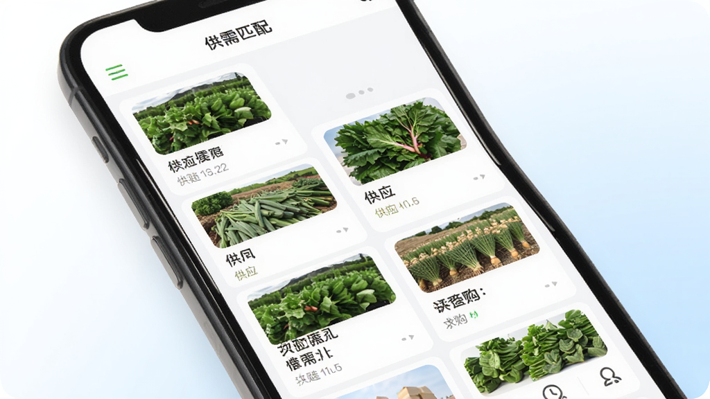 农选惠供需对接界面展示图,画面中一部手机显示农选惠APP供需匹配页面,页面中有供应卡片和求购卡片交错排列,卡片上有产品图片和简要文字,背景为干净的白色到浅蓝色渐变,风格为简洁商务,画质清晰,无多余元素
