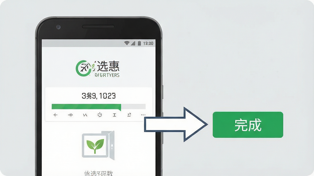 农选惠安装步骤示意图,画面中一部安卓手机显示安装进度界面,旁边有箭头指向“完成”按钮,背景为浅灰色,风格为扁平化教程插图,细节简洁明了,画质干净,无多余元素