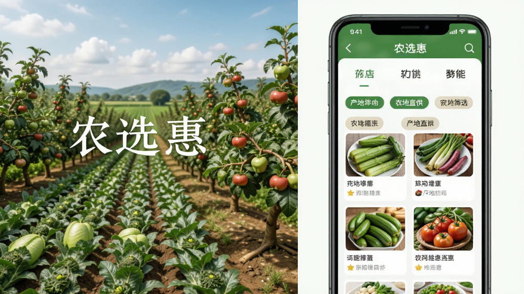 农选惠产地直供功能展示图,画面左侧为农田和果园实景,右侧为手机屏幕显示农选惠APP产地筛选界面,界面中列有多个产地标签和农产品卡片,风格为清新写实合并排版,细节丰富,画质干净,无多余元素