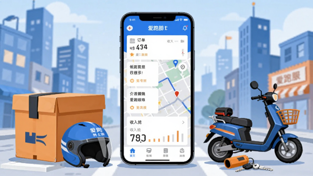 画面中央是一部智能手机,屏幕显示爱跑腿骑士版应用主界面,界面包含订单列表、地图导航、收入统计三个区域,手机周围环绕配送箱、头盔、电动车钥匙等骑手装备元素,背景为城市街道与楼宇剪影,整体采用扁平化插画风格,色调以蓝色和橙色为主,画面干净整洁,高清画质,无多余元素