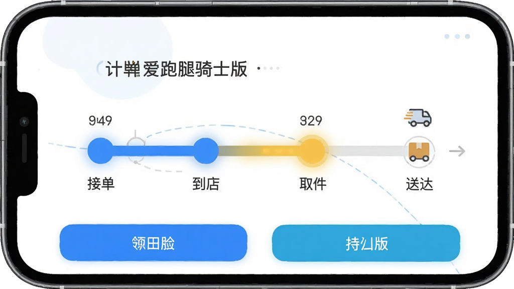 爱跑腿骑士版订单状态管理界面插画,手机屏幕显示订单进度条,进度条分为接单、到店、取件、送达四个节点,当前节点高亮显示,屏幕下方有操作按钮,背景为白色,风格简洁明快,高清画质,无多余元素