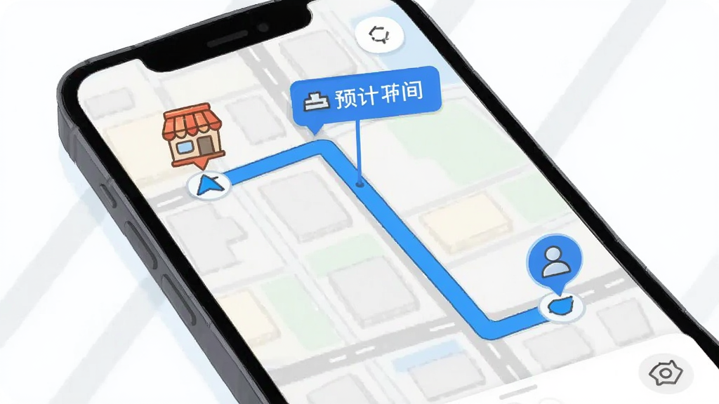 爱跑腿骑士版导航界面截图风格插画,手机屏幕显示蓝色导航路线从商家延伸到顾客地址,路线旁标注预计时间和距离,地图上有商家图标和顾客图标,背景为城市道路网格,整体风格清新简洁,高清画质,无多余元素
