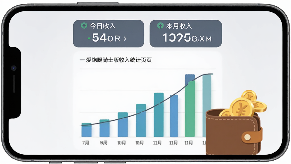 爱跑腿骑士版收入统计页面插画,手机屏幕显示柱状图和数字金额,柱状图呈现一周收入变化,屏幕上方显示今日收入和本月收入数字,手机旁有金币和钱包元素点缀,背景为浅灰色,风格简约商务,高清画质,干净无多余元素