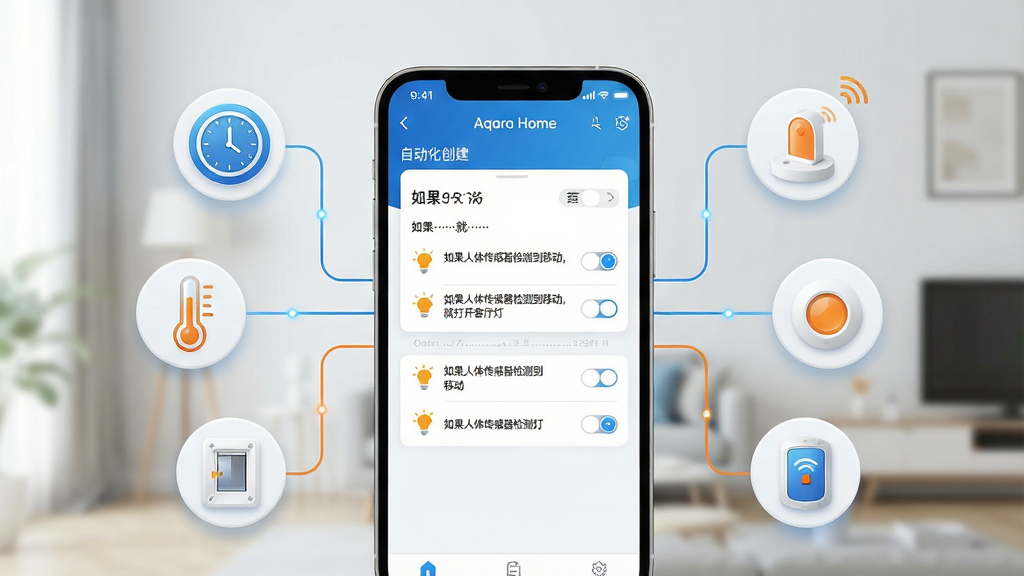 一幅展示Aqara Home智能场景自动化设置界面的图片,画面中央是手机屏幕,屏幕上显示着“Aqara Home”的自动化创建页面,包含“如果……就……”的条件设置,如“如果人体传感器检测到移动,就打开客厅灯”;手机周围漂浮着时钟、温度计、门窗传感器等图标,象征触发条件;布局采用中心聚焦,手机屏幕清晰可见;排版简洁,逻辑线条连接各个条件图标;风格为科技感与生活化结合,色调以蓝色、白色和橙色点缀;细节上图标精致,界面元素分明;画质高清,干净明亮,无多余元素。