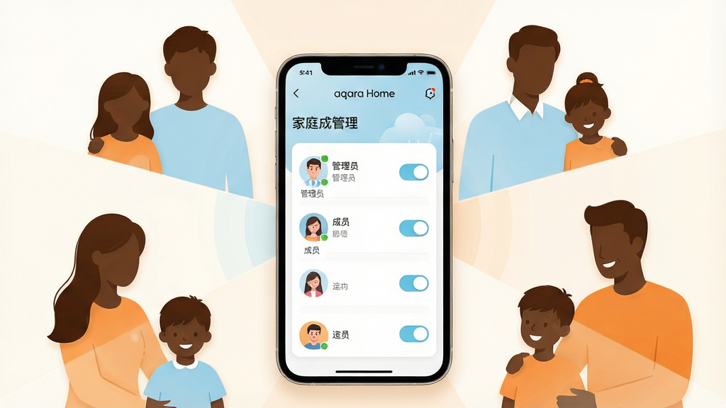 一幅展示Aqara Home家庭共享与权限管理界面的图片,画面中央是手机屏幕,屏幕上显示着“Aqara Home”的家庭成员管理页面,包含管理员、成员头像和权限开关;手机周围环绕着不同年龄段的家庭成员剪影,象征共享;布局采用中心辐射,手机位于中央;排版简洁,权限开关清晰;风格为温馨家庭与科技融合,色调以暖白、浅蓝和橙色为主;细节上头像生动,界面友好;画质高清,干净明亮,无多余元素。