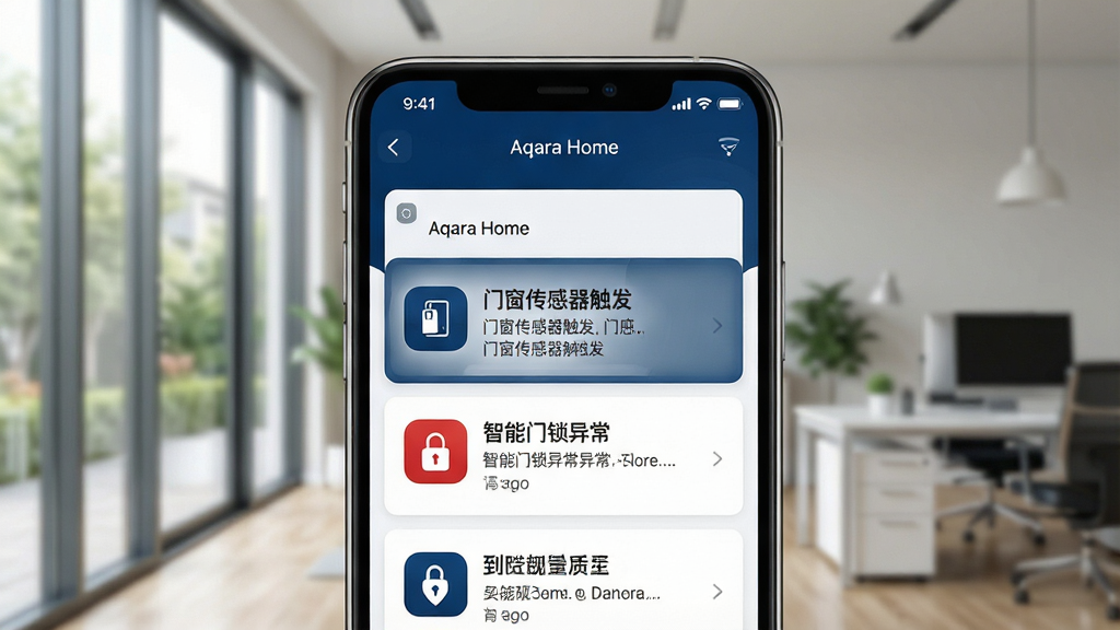一张展示Aqara Home远程控制与实时提醒功能的图片,画面中央是手机屏幕,屏幕上显示着“Aqara Home”的推送通知界面,包含“门窗传感器触发”“智能门锁异常”等提醒卡片;手机背景是户外或办公室场景,象征远程;布局采用中心特写,手机屏幕突出;排版清晰,通知卡片排列有序;风格为现代商务科技风,色调以白色、深蓝和红色警示色为主;细节上通知图标醒目,文字清晰;画质高清,干净利落,无多余元素。