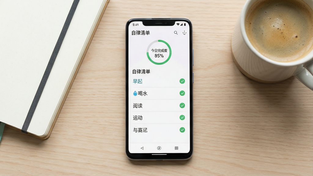 一张干净整洁的手机桌面场景图,画面中央是一部竖屏安卓手机,手机屏幕显示“自律清单”App主界面,界面中有多条打卡条目如早起、喝水、阅读、运动等,每条右侧有圆形勾选按钮,顶部有进度环显示今日完成度,手机周围摆放着一本笔记本和一杯咖啡,背景是浅色木质桌面,光线柔和自然,风格简约清新,细节清晰,画质高清,无多余元素