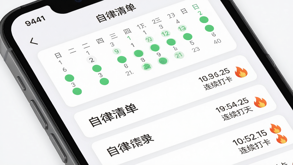 手机屏幕特写,展示“自律清单”App的打卡记录页面,画面中有多个习惯条目,每个条目右侧显示连续打卡天数和小火焰图标,顶部有月度日历视图,已完成日期用绿色圆点标记,背景为白色卡片式布局,风格清爽,文字使用中文,画质高清,无多余装饰