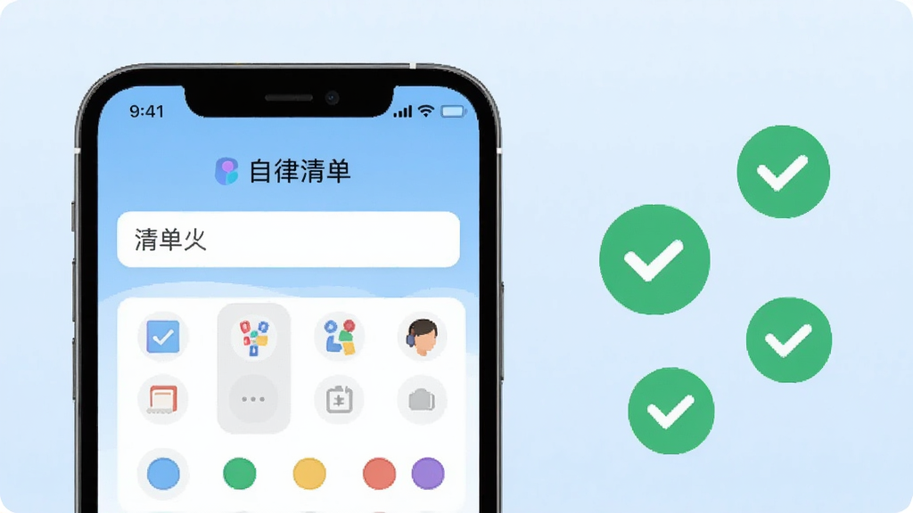 一部手机展示“自律清单”App的清单创建界面,屏幕上有输入框、图标选择区和颜色圆点,背景是淡蓝色渐变,画面右侧漂浮着几个已完成打卡的绿色对勾图标,整体风格扁平化,排版清晰,文字使用中文“自律清单”,画质干净,无多余元素