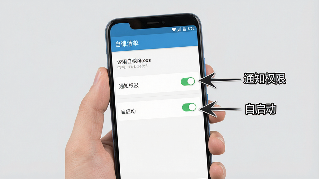 一张手机操作示意图,画面中一只手拿着安卓手机,手机屏幕显示“自律清单”App的权限设置页面,旁边有箭头指向“通知权限”和“自启动”开关,背景为浅灰色,风格写实清晰,画质干净,无多余元素