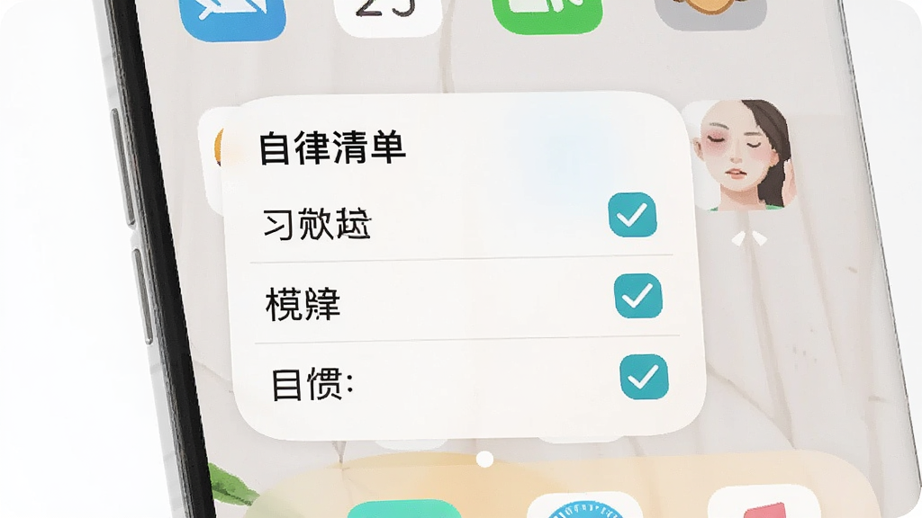 手机桌面截图风格,画面中有一个“自律清单”App的桌面小组件,小组件内显示三条习惯名称和勾选框,其中两条已勾选,手机桌面背景为浅色壁纸,图标排列整齐,小组件圆角设计,风格清新简洁,文字使用中文,画质干净,无多余元素