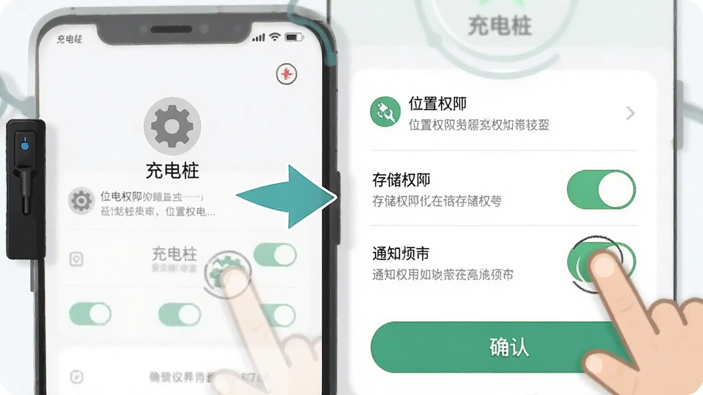 充电桩新手安装设置界面,画面展示手机屏幕上的权限设置页面,包含位置权限、存储权限、通知权限开关,旁边有手指点击的动画示意,布局为手机特写加指示箭头,风格为扁平化教程插画,细节包括设置齿轮图标、权限说明文字、确认按钮,画质清晰干净,无多余元素,图片中文字标注“充电桩”