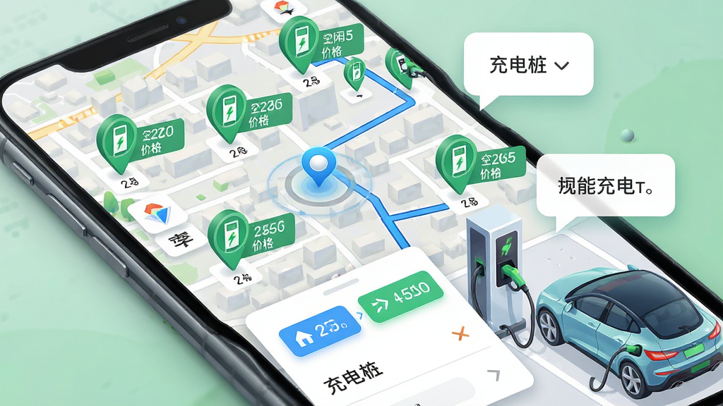 充电桩应用智能找桩功能界面,画面展示一张城市地图,地图上分布多个绿色充电站图标,每个图标旁标注空闲数量与价格,底部弹出筛选面板,旁边有一辆电动汽车正在充电,布局为手机屏幕特写加功能气泡,风格为现代UI插画,细节包括定位光标、导航路线、价格标签,画质高清干净,无多余元素,图片中文字标注“充电桩”
