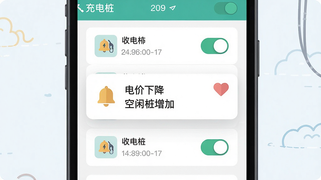 充电桩收藏与提醒功能界面,画面展示手机屏幕上的收藏列表与通知弹窗,弹窗内显示“电价下降”与“空闲桩增加”字样,周围有铃铛图标与爱心图标,布局为居中手机特写,风格为清新扁平插画,细节包括列表卡片、开关按钮、时间戳,画质清晰干净,无多余元素,图片中文字标注“充电桩”