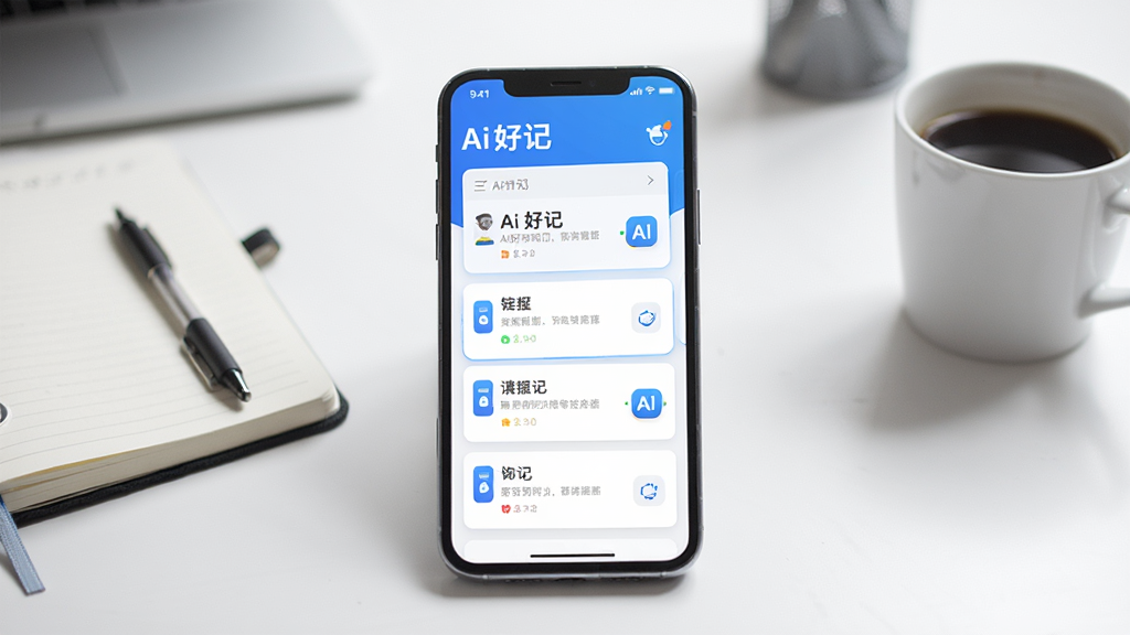 软件全貌展示图,主体是一部智能手机屏幕亮起,屏幕上显示着“Ai好记”应用的主界面,界面采用简洁的卡片式布局,色彩以清新的蓝白色调为主,背景是干净的书桌,旁边放着笔记本和咖啡杯,风格现代简约,细节上屏幕内可见笔记列表和AI助手图标,画质清晰,干净无多余元素。