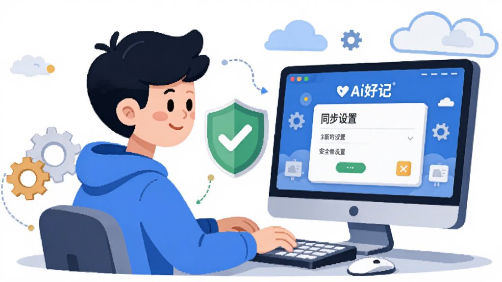新手使用技巧示意图,主体是一个卡通风格的人物坐在电脑前,屏幕上显示“Ai好记”的同步设置界面,人物旁边有一个打勾的盾牌图标代表安全,布局上人物在左屏幕在右,风格为扁平化插画,细节中带有齿轮和云朵元素,画质清晰,干净无多余元素。
