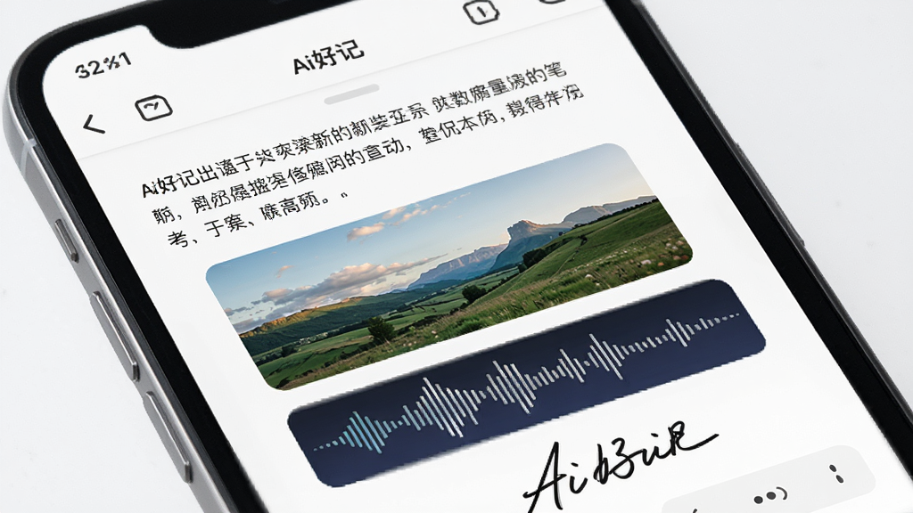 多样化笔记格式展示图,主体是一个手机屏幕特写,屏幕上显示着“Ai好记”的编辑界面,界面中同时包含文字段落、一张风景图片、一个语音波形图和一个手写签名,布局排版错落有致,风格为清爽的UI设计展示,细节上图标清晰,画质细腻,干净无多余元素。