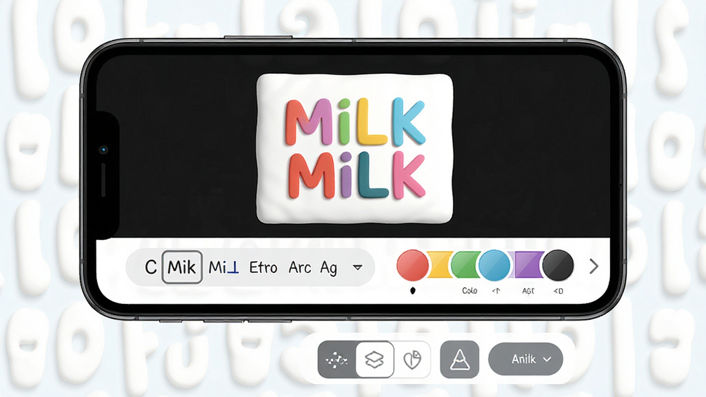 Milk传讯字卡生成功能展示图,主体为手机屏幕中正在编辑一张彩色字卡,布局为上方预览区下方编辑工具栏,排版整齐,风格清新明快,细节包括字体选择条、颜色调色板、背景切换按钮,画质高清,干净,无多余元素