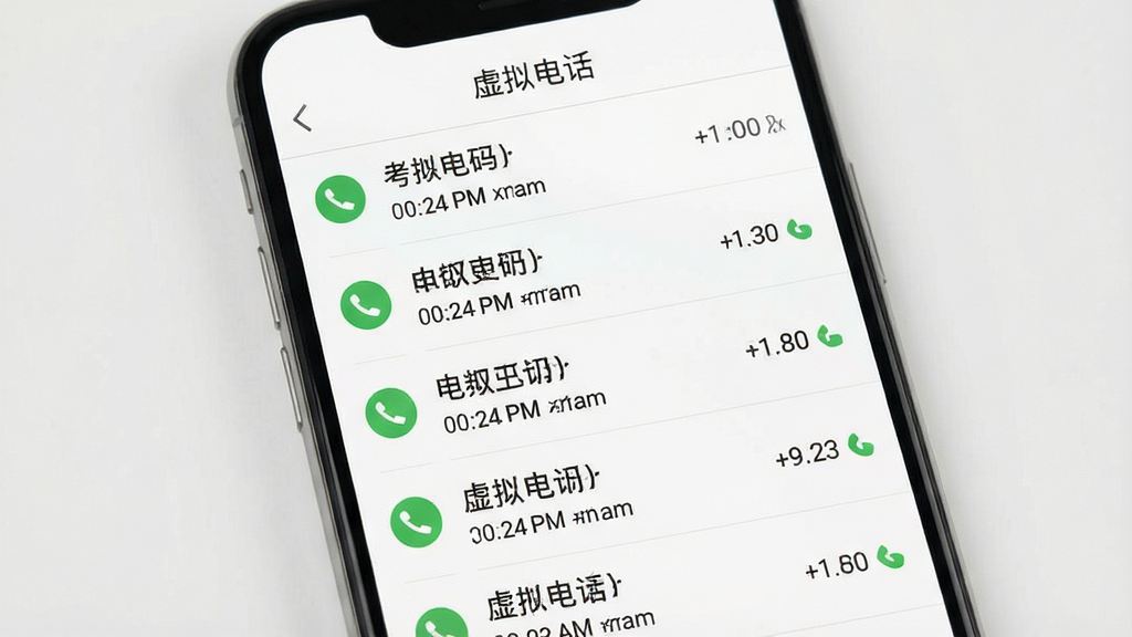 虚拟电话软件通话记录列表界面,手机屏幕显示多条模拟通话记录,包含号码、时间、时长信息,画面中有“虚拟电话”字样,背景为白色极简风格,布局规整,细节清晰,画质高清,干净无多余元素