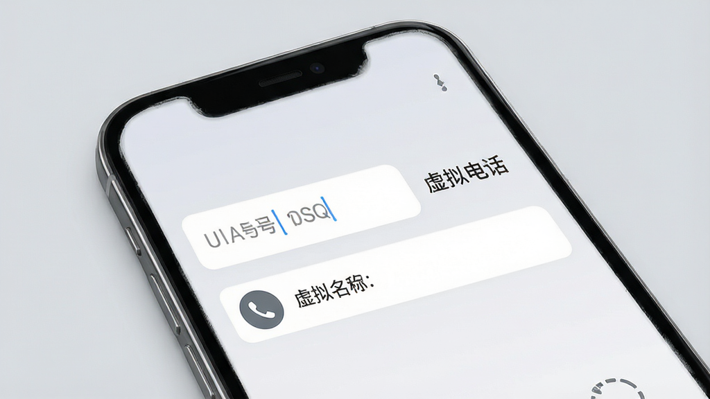 虚拟电话软件自定义来电设置界面,手机屏幕展示号码输入框和联系人名称栏,旁边有“虚拟电话”文字标注,背景为柔和的浅灰色,布局清晰,风格简洁商务,细节精致,画质高清,干净无多余元素