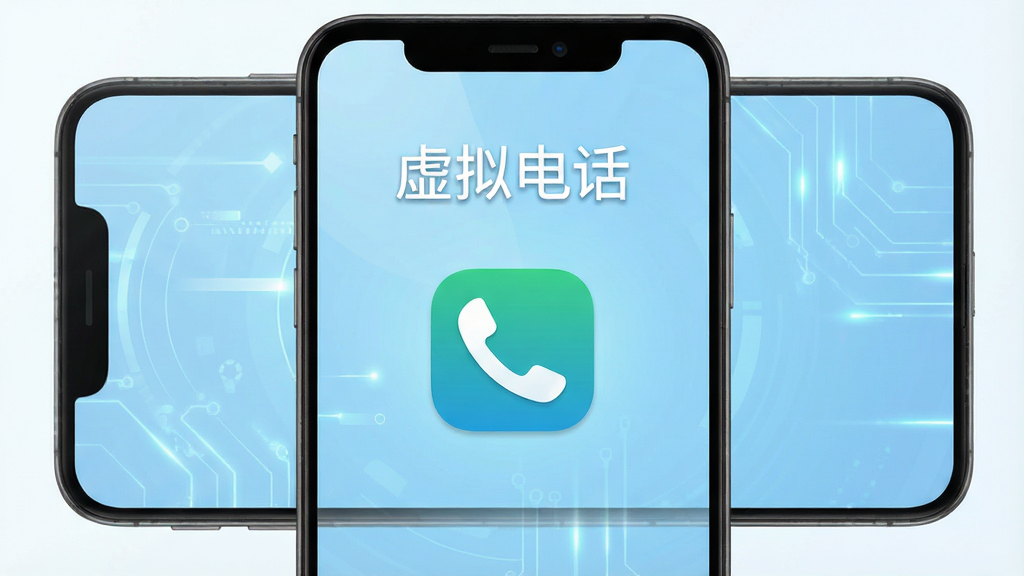 虚拟电话软件主界面全貌展示,一部安卓手机屏幕中央显示虚拟电话应用图标,背景为浅蓝色渐变科技风格,画面中包含“虚拟电话”文字标识,整体布局简洁明快,风格现代简约,细节清晰,画质高清,干净无多余元素