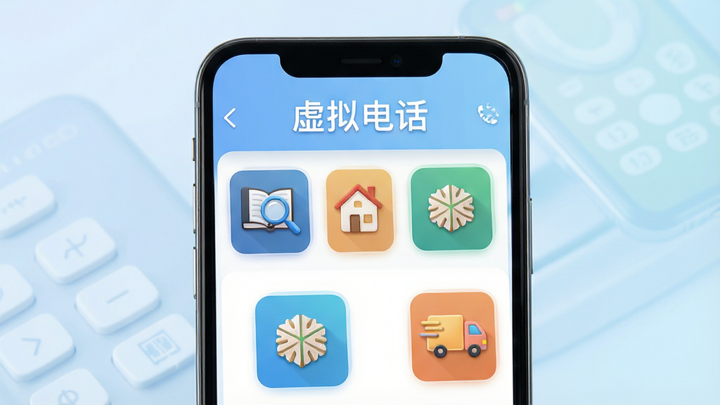 虚拟电话软件场景选择界面,手机屏幕展示多个场景图标如商务、家庭、快递等,画面中有“虚拟电话”文字,背景为淡蓝色渐变,风格现代,布局整齐,细节清晰,画质高清,干净无多余元素