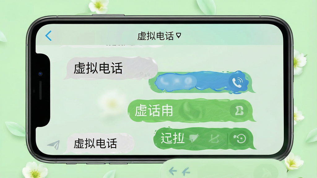 虚拟电话软件短信模拟界面,手机屏幕展示短信对话气泡,包含“虚拟电话”文字标识,背景为浅绿色清新风格,布局直观,细节丰富,画质高清,干净无多余元素