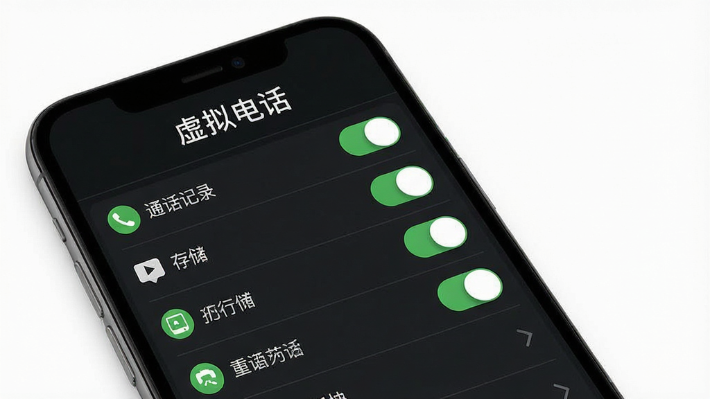 虚拟电话软件权限设置界面,手机屏幕展示权限开关列表,包含通话记录、存储等权限,画面中有“虚拟电话”文字,背景为白色简洁风格,布局清晰,细节明了,画质高清,干净无多余元素