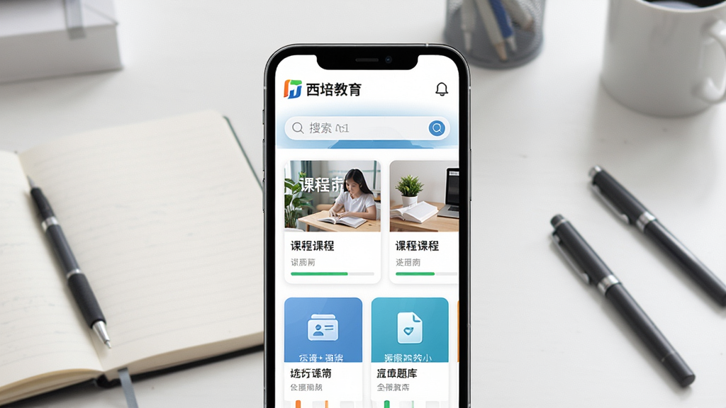 画面中央是手机屏幕展示学习APP界面,界面顶部显示西培教育的LOGO和搜索框,下方排列课程卡片和题库入口,背景是书桌场景,桌面摆放笔记本和文具,整体布局清晰,风格简约现代教育风,细节包含课程缩略图和进度条,画质高清,干净,无多余元素