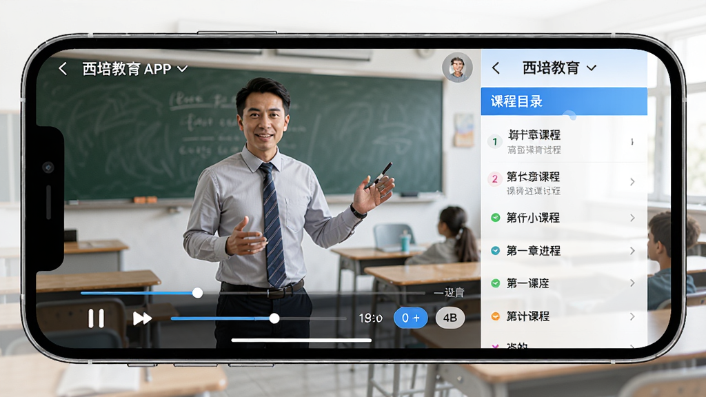 画面展示西培教育APP的课程播放页面,手机横屏显示老师讲课画面,屏幕下方有播放控制条和倍速按钮,侧边有课程目录列表,背景是教室场景,布局合理,风格专业教育风,细节包含课程标题和章节进度,画质高清,干净,无多余元素