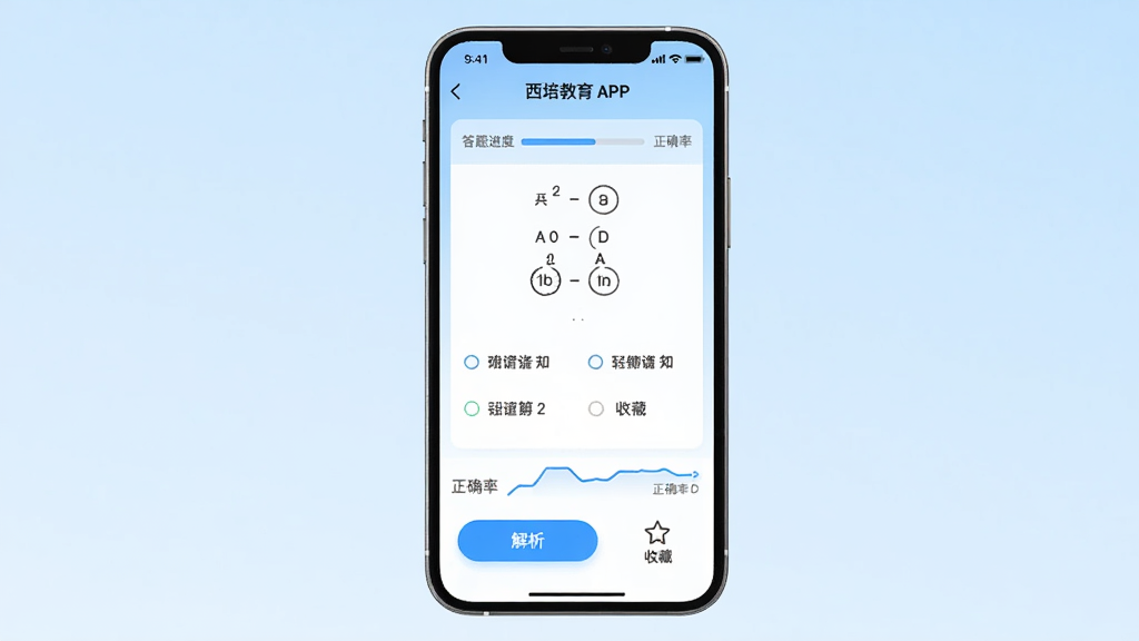 手机屏幕画面展示西培教育APP的题库界面,屏幕中央是一道选择题和四个选项,下方有解析按钮和收藏图标,背景是浅蓝色渐变,布局居中,风格清爽学习风,细节包含答题进度条和正确率统计,画质清晰,干净,无多余元素