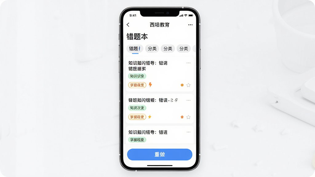 手机屏幕展示西培教育APP错题本界面,顶部显示错题总数和分类标签,中部列表展示错题题目和错误次数,底部有重做按钮,背景是白色简洁风,布局清晰,风格高效学习风,细节包含知识点标签和掌握程度标识,画质高清,干净,无多余元素