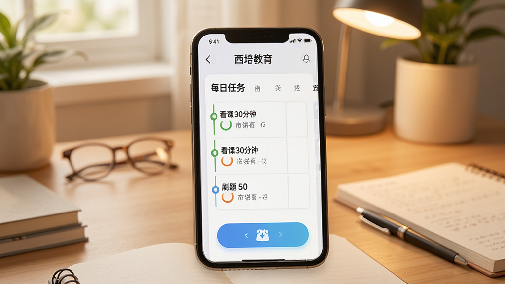 画面展示西培教育APP学习计划页面,手机屏幕显示日历视图和每日任务清单,任务包含看课30分钟和刷题50道,背景是温馨书桌场景,布局整洁,风格自律学习风,细节包含打卡按钮和进度环,画质高清,干净,无多余元素