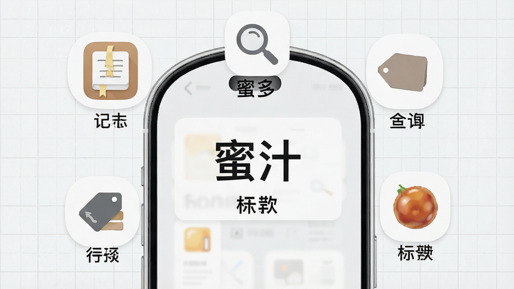 一张展示“蜜汁”应用内多个功能模块的拼贴示意图,包括记事本图标、放大镜查询图标、标签标记图标等,围绕手机屏幕呈环形排列,背景为浅灰色网格,每个图标下方有简短文字说明,整体风格统一,画质干净,无多余装饰