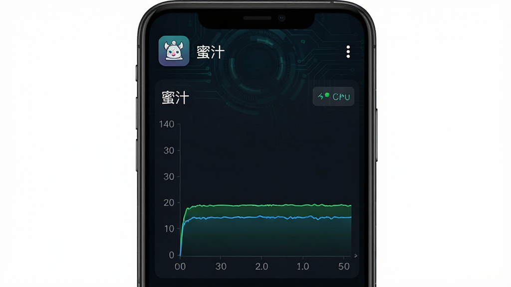 一张手机系统资源监控界面的模拟图,显示“蜜汁”应用的内存占用与CPU占用曲线均处于低位平稳状态,图表颜色为绿色与蓝色,背景为深色科技风格,手机屏幕上方有“蜜汁”应用图标,画面直观清晰,画质锐利,无多余元素