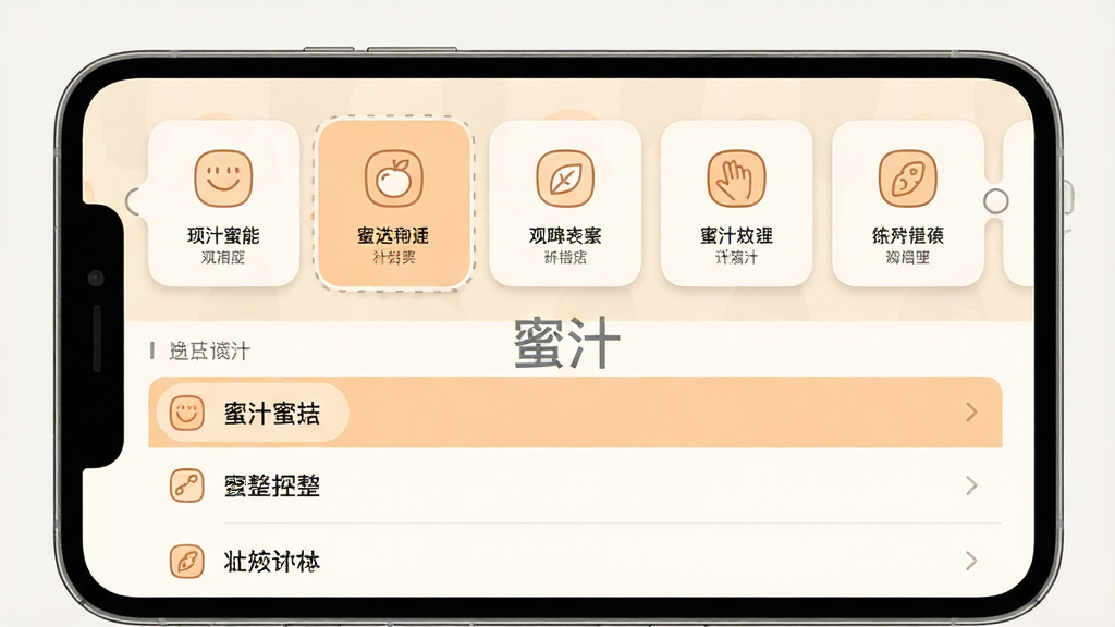 一张“蜜汁”应用内部功能页面的截图风格图,页面布局分为上下结构,上方为功能卡片横向滑动区域,下方为列表式菜单,配色以米白与浅橙为主,图标为圆角线性风格,画面中央有“蜜汁”小字水印,整体排版整洁,画质清晰,无杂乱元素