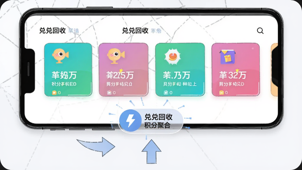一部手机屏幕中显示兑兑回收的积分聚合页面,页面内并列展示多个积分来源卡片,每张卡片带有不同颜色标识和积分数字,手机下方有箭头指向一个中央汇总区域,整体采用扁平化插画风格,背景为白色与浅灰搭配,布局清晰,细节干净,画质明亮,图片中文字标注“兑兑回收”