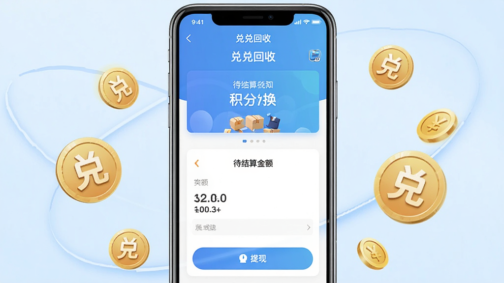 一张展示兑兑回收软件核心界面的手机应用预览图,画面中央放置一部智能手机,屏幕内显示兑兑回收首页,包含积分兑换入口、待结算金额、提现按钮等模块,手机周围环绕若干积分图标与金币元素,背景为浅蓝色渐变,整体布局居中对称,风格简洁现代,细节清晰,画质干净,无多余元素,图片中文字标注“兑兑回收”