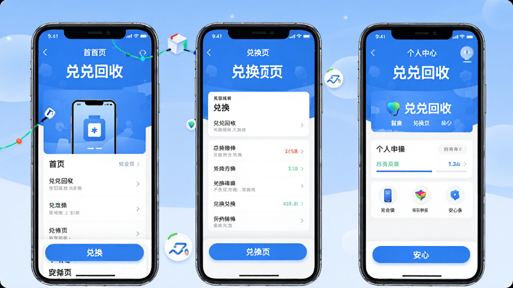兑兑回收手机端操作界面展示图,画面中并排展示三屏界面,分别为首页、兑换页、个人中心,每屏内容布局清晰,按钮醒目,整体配色以蓝白为主,风格统一,细节干净,画质明亮,无多余装饰,图片中文字标注“兑兑回收”
