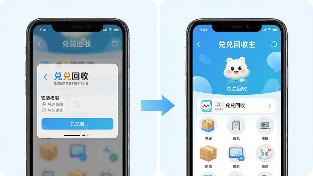 一张兑兑回收新手操作引导示意图,画面中展示手机屏幕内安装权限设置页面与兑兑回收主界面并列,带有箭头指示操作步骤,整体风格简洁明了,背景为浅色,布局清晰,细节干净,画质明亮,图片中文字标注“兑兑回收”