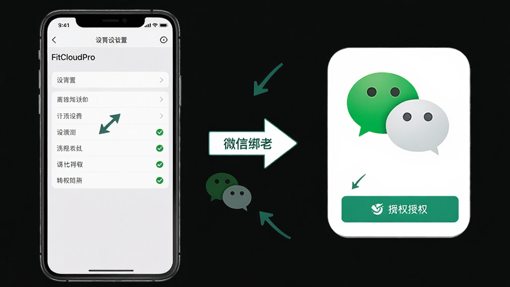 һ��չʾFitCloudPro��΢�Ű����̵�ʾ��ͼ������������ֻ���Ļ��ʾApp���ý��棬�Ҳ���΢��ͼ�����Ȩ��ť��������������������죬ϸ�ڰ�����ͷָʾ�͹�ѡ��ǣ����ʸ��壬�ɾ��޶���Ԫ��