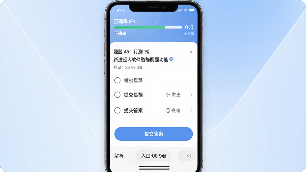 新途径人软件智能刷题功能界面,手机屏幕中显示一道行测题目与四个选项,下方有