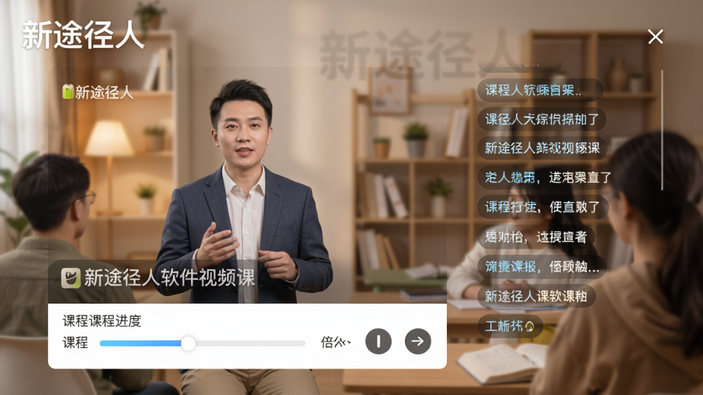 新途径人软件视频课程页面,手机屏幕中显示一位讲师正在授课的画面,下方有课程进度条与倍速按钮,屏幕右侧有弹幕互动区域,背景为温馨的在线课堂场景,风格专业且亲切,细节包含